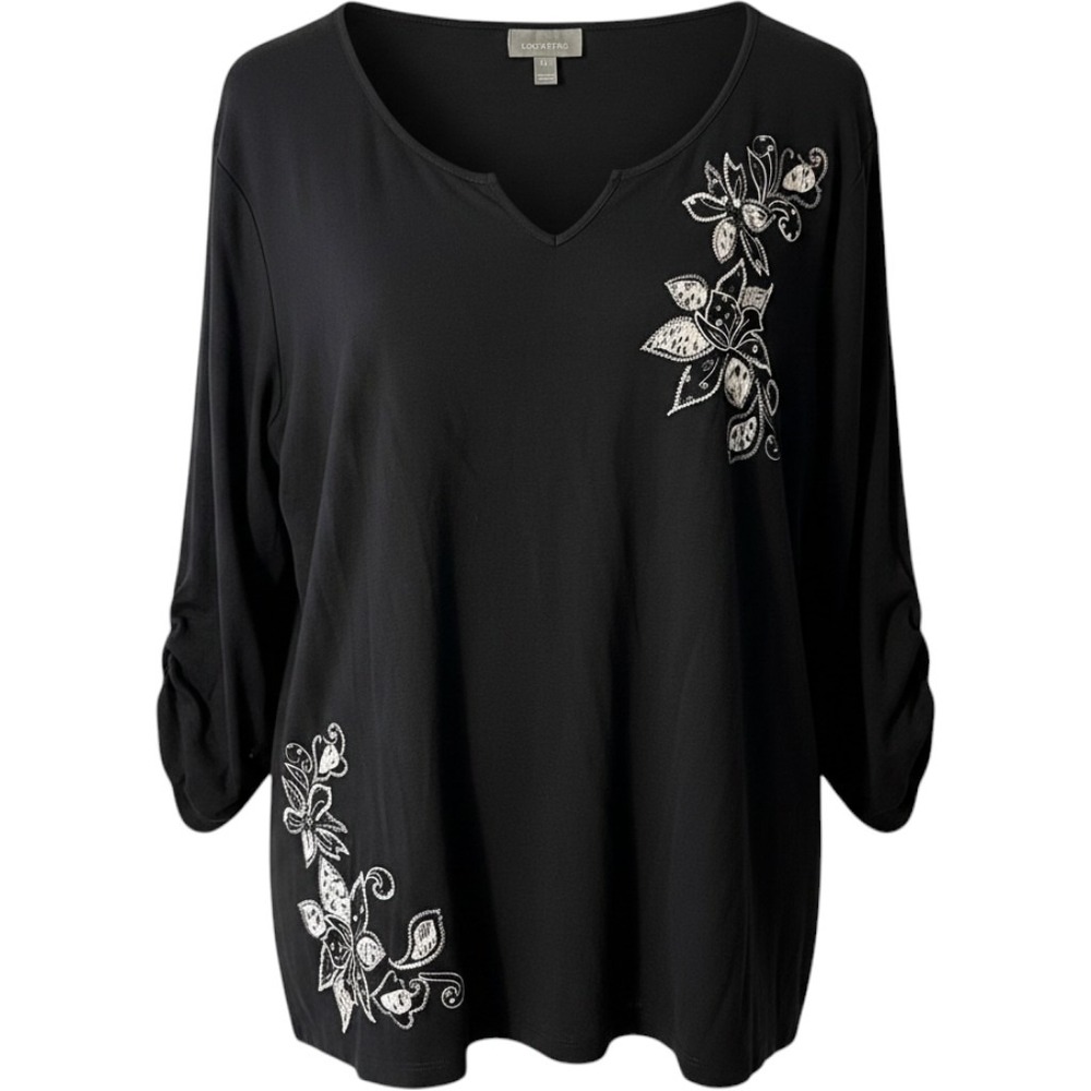 Essentials Blouse Women 4X Black Floral Embroidered Sequin 3/4 Sleeve Top - Picture 1 of 7